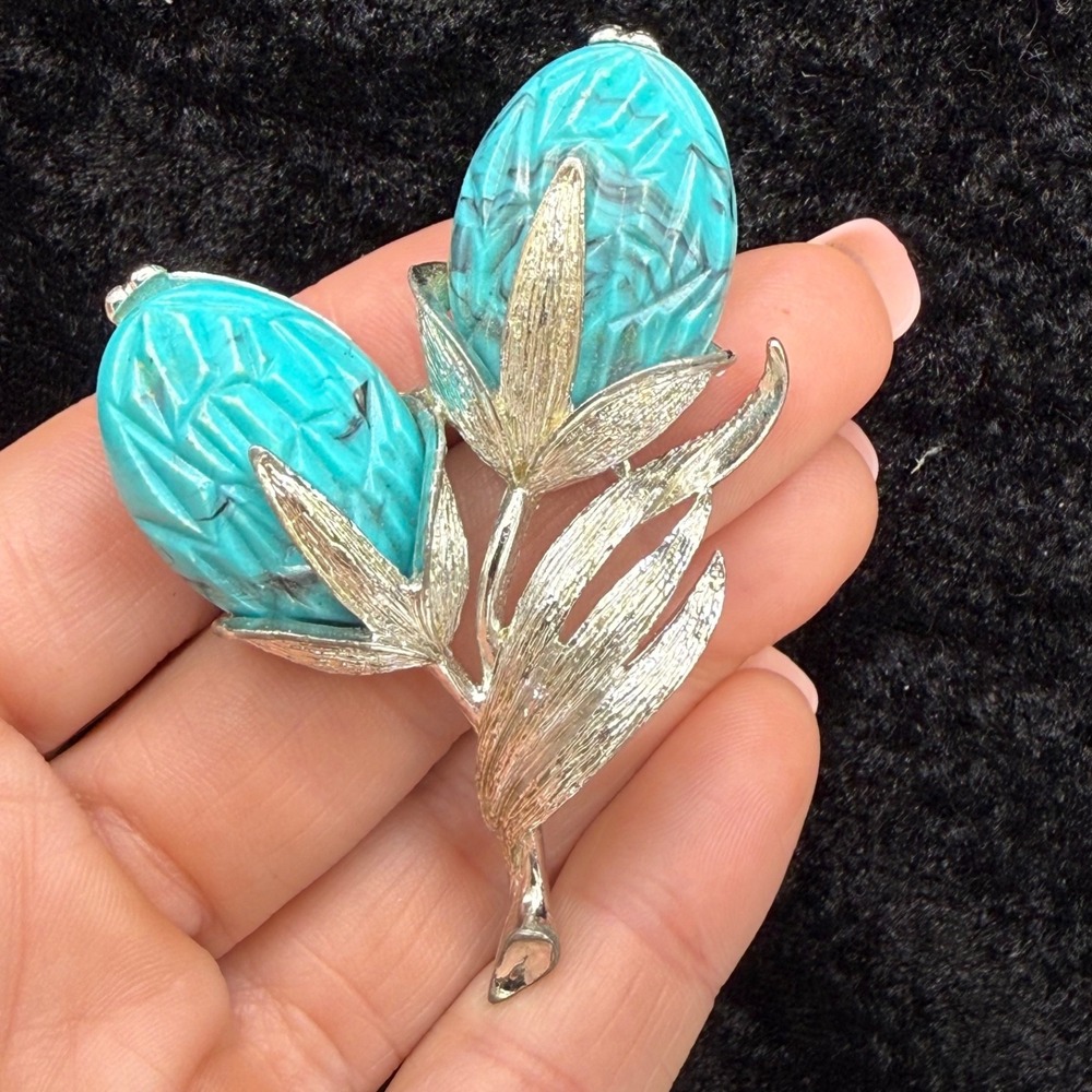 Vintage Flower Brooch Blue Silver Tone